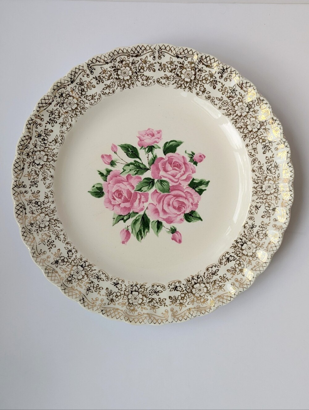 Vintage Dinner Plate China Bouquet Sebring Pottery Co. 9 3/4" 22K Gold Filigree